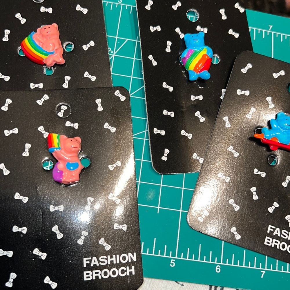 New Old Stock Vintage Set - 4 Rainbow Pink and Teal Blue Bear Pin Fashion Brooch
